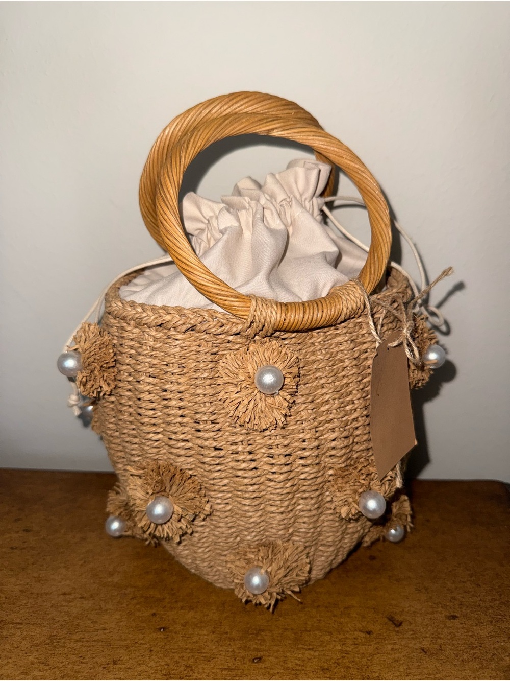 Pearl Flower Straw Bucket Handbag, - Picture 2 of 7